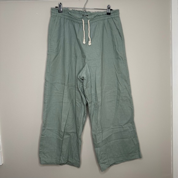 J. Crew Pants - J. Crew Women's Green Linen Blend Wide Leg Cropped Pants 14 Drawstring Waist